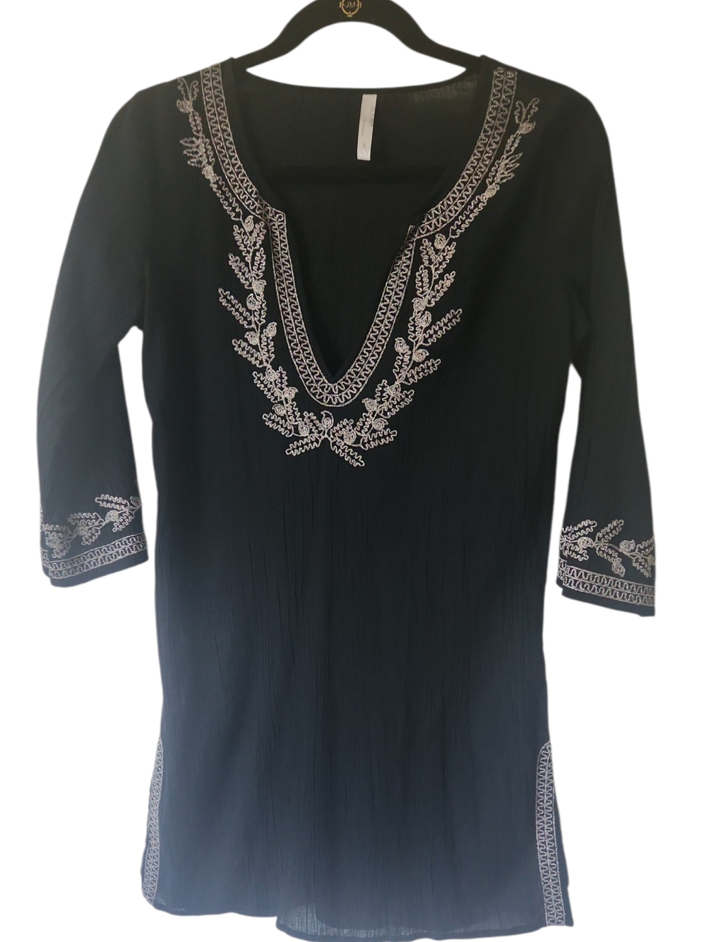 Old Navy Black Cotton Gauze Embroidered Floral V-Neck Cover-Up Tunic Top Size S